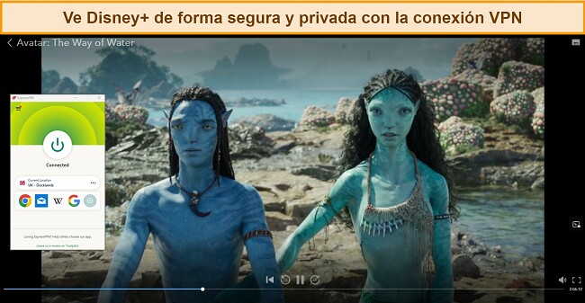 Gu&iacute;a sobre c&oacute;mo ver Disney Plus con una VPN, imagen de Avatar transmitiendo Disney Plus a trav&eacute;s del servidor del Reino Unido de ExpressVPN