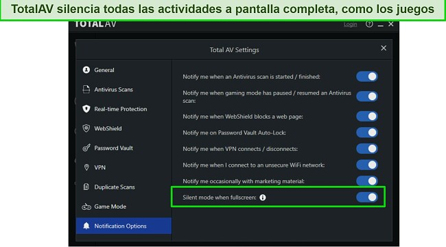 Opciones de notificaci&oacute;n de TotalAV en modo silencioso