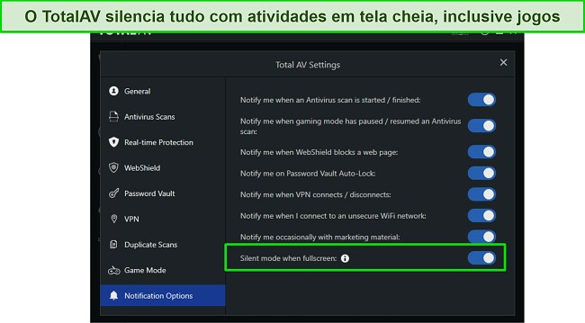 Op&ccedil;&otilde;es de Notifica&ccedil;&atilde;o do TotalAV - Modo Silencioso
