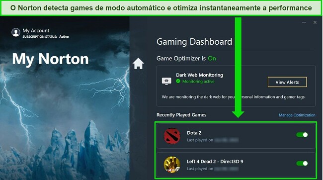 Painel de jogos Norton para otimiza&ccedil;&atilde;o autom&aacute;tica